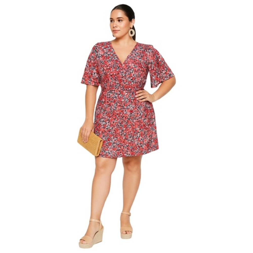 City Chic Faux Wrap Mini Dress in Ditzy Floral